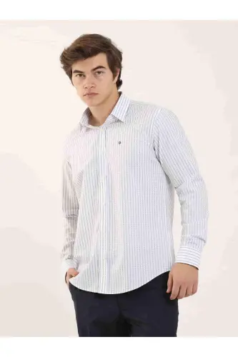 White Men's Slim Fit Striped Brent Collar Long Sleeve Shirt - 102144 - DUFY (1)