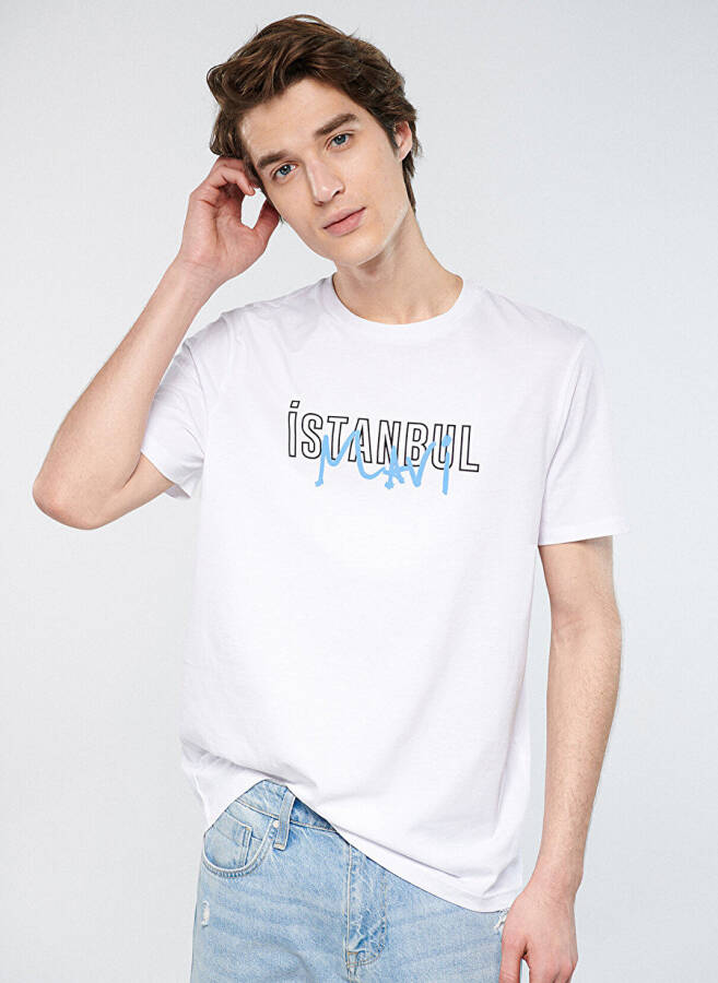 White men's t-shirt with blue crew neck print - 1