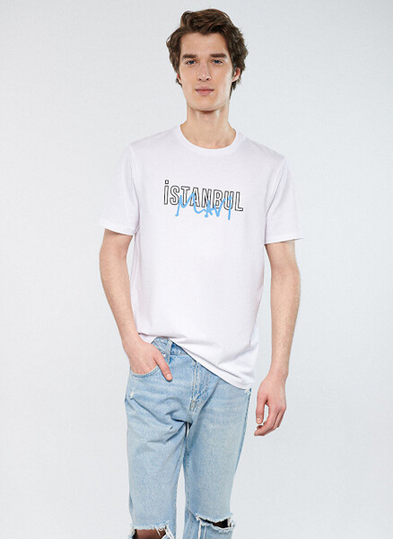 White men's t-shirt with blue crew neck print - 2