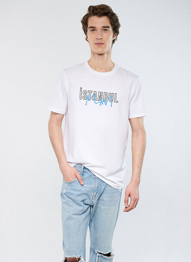 White men's t-shirt with blue crew neck print - 2