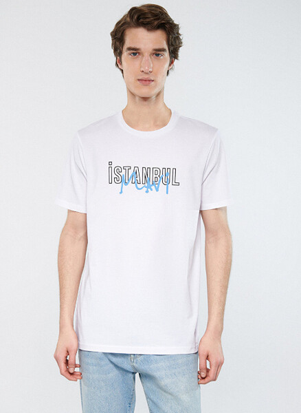 White men's t-shirt with blue crew neck print - 3