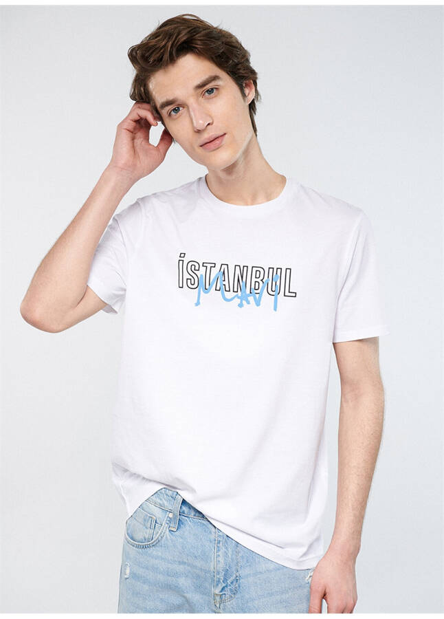 White men's t-shirt with blue crew neck print - 8