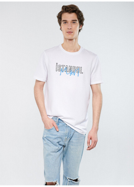 White men's t-shirt with blue crew neck print - 9