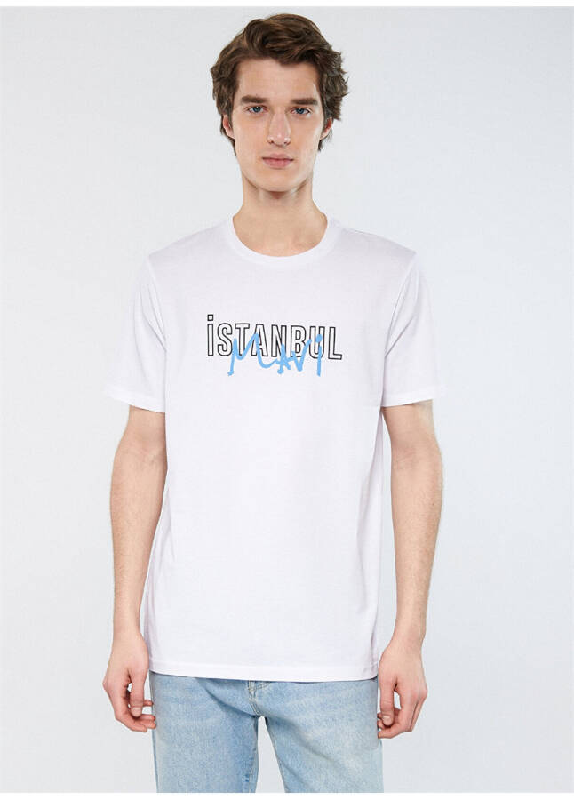 White men's t-shirt with blue crew neck print - 10