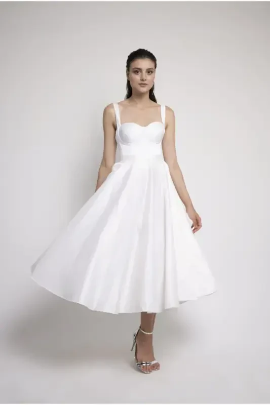 White Midi Satin Evening and Prom Dress-White - 1