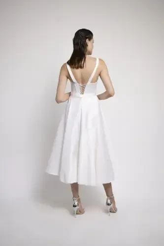 White Midi Satin Evening and Prom Dress-White - 3