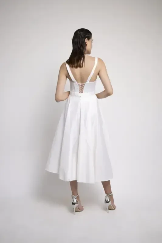 White Midi Satin Evening and Prom Dress-White - 3