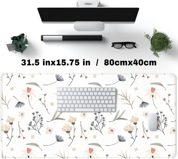 White Mouse Pads Extra Large Desk Pad, Cute Flowers Desk Pad Large Computer Mouse Pad Boho Aesthetic Office Supplies White Mousepad XXL, Mousepad Desk Decor for Women Office 31.5x15.7 in Mat - 8