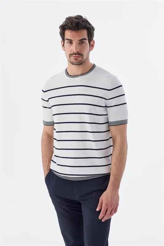 White Navy Slim Fit Crew Neck Striped Knit T-Shirt - 1