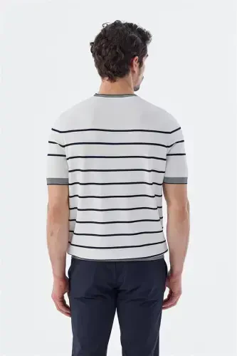 White Navy Slim Fit Crew Neck Striped Knit T-Shirt - 4