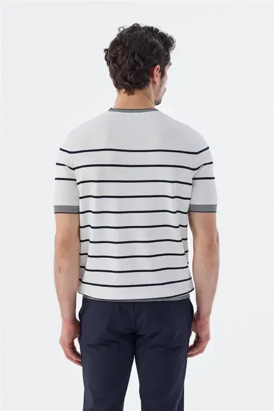 White Navy Slim Fit Crew Neck Striped Knit T-Shirt - 4