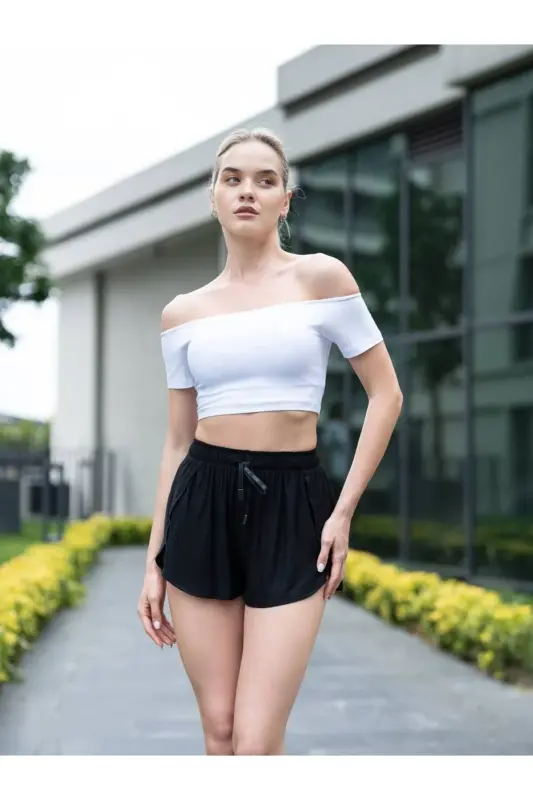 White Off-the-Shoulder Short-Sleeve Sports T-Shirt (Sports Bra) - White - 3