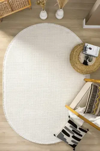 White Oval Woven Carpet Living Room Bedroom Hallway Runner Rug WHITE OVAL-White 10 - 1
