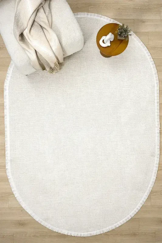 White Oval Woven Carpet Living Room Bedroom Hallway Runner Rug WHITE OVAL-White 10 - 6
