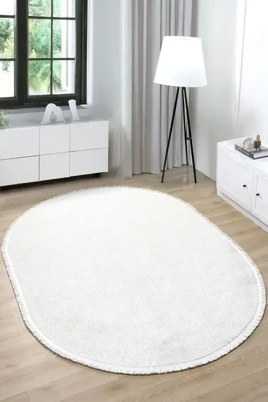 White Oval Woven Carpet Living Room Bedroom Hallway Runner Rug WHITE OVAL-White 10 - 7