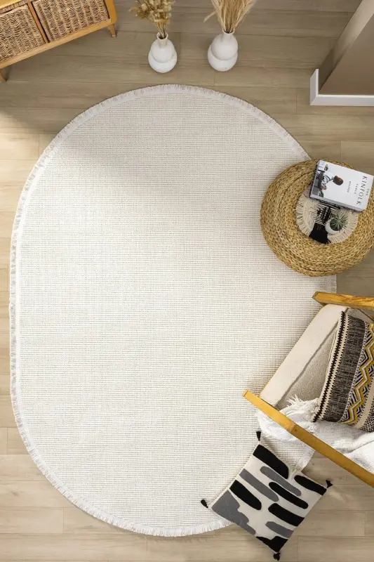 White Oval Woven Carpet Living Room Bedroom Hallway Runner Rug WHITE OVAL-White 10 - ELIZ HOME