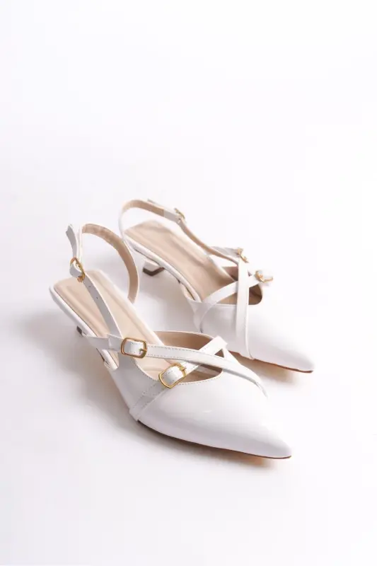 White Patent Leather 3 cm Heeled Shoes with Strap Buckle Detail Pointed Toe Wedding Bridal Shoes - 7