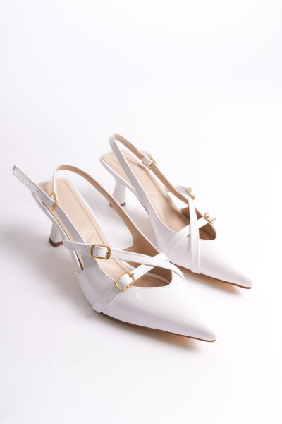 White Patent Leather Stiletto Heeled Wedding Bridal Shoes with Strapped Buckle Detail and Pointed Toe - 10