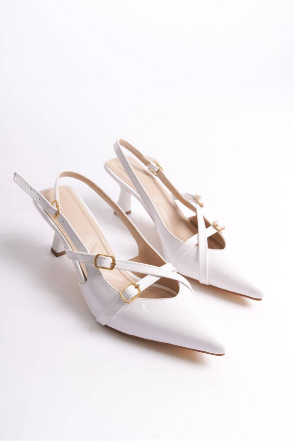 White Patent Leather Stiletto Heeled Wedding Bridal Shoes with Strapped Buckle Detail and Pointed Toe - 10