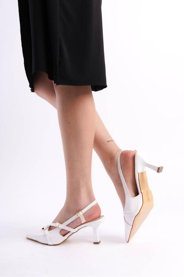 White Patent Leather Stiletto Heeled Wedding Bridal Shoes with Strapped Buckle Detail and Pointed Toe - 12