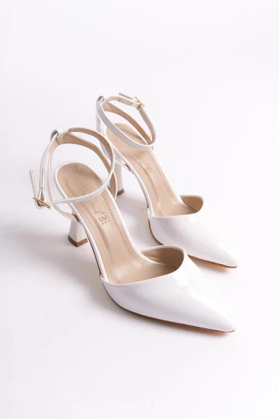 White Patent Leather Women's High Heel Shoes Pointed Toe Buckle Wedding Bridal Shoes - 4