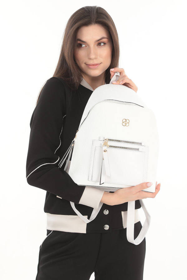 White Patterned Pocket Detailed Backpack - 6