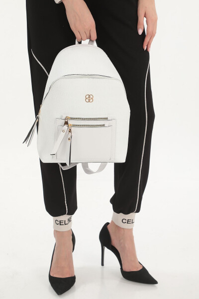 White Patterned Pocket Detailed Backpack - 8