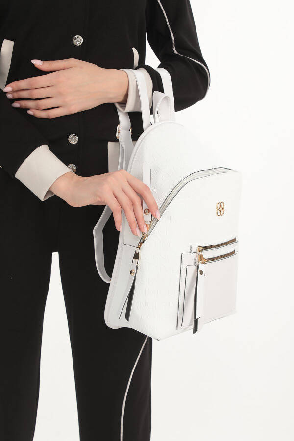 White Patterned Pocket Detailed Backpack - 9