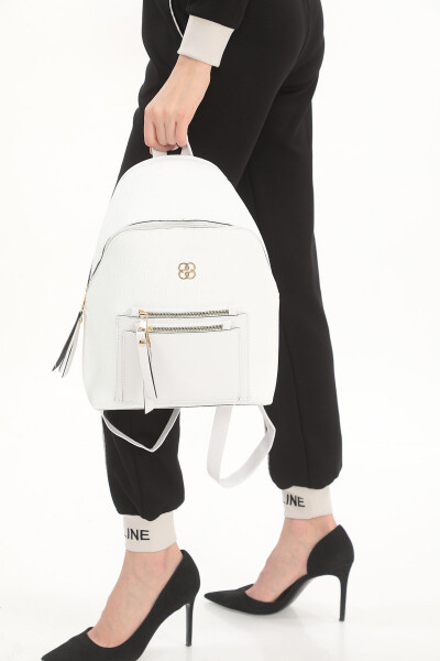 White Patterned Pocket Detailed Backpack - 10