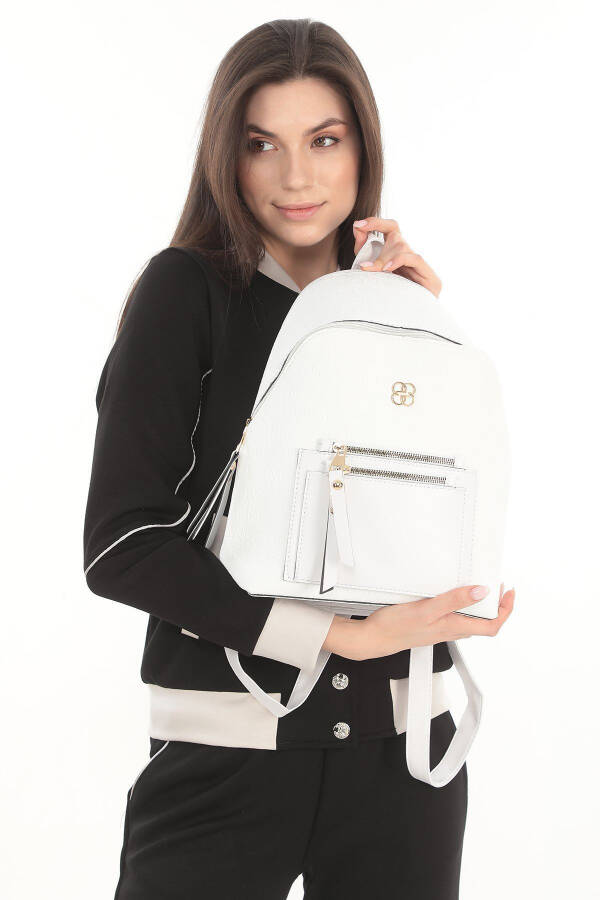 White Patterned Pocket Detailed Backpack - 1