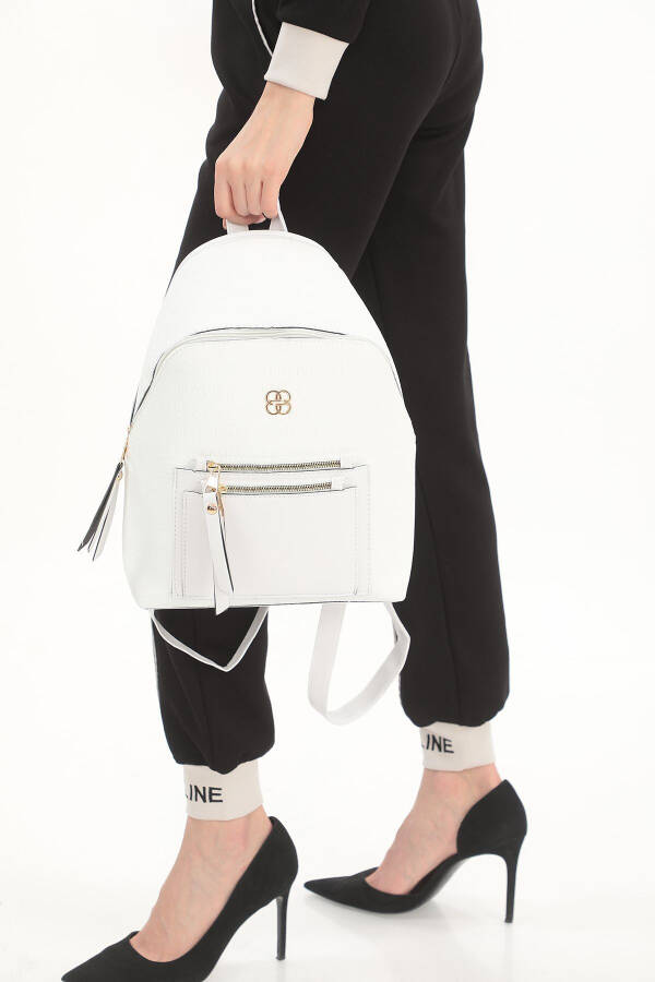 White Patterned Pocket Detailed Backpack - 5