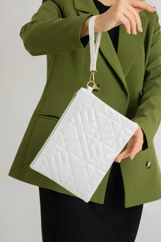 White Patterned Portfolio Clutch Bag 25x19 Cm-White - 2