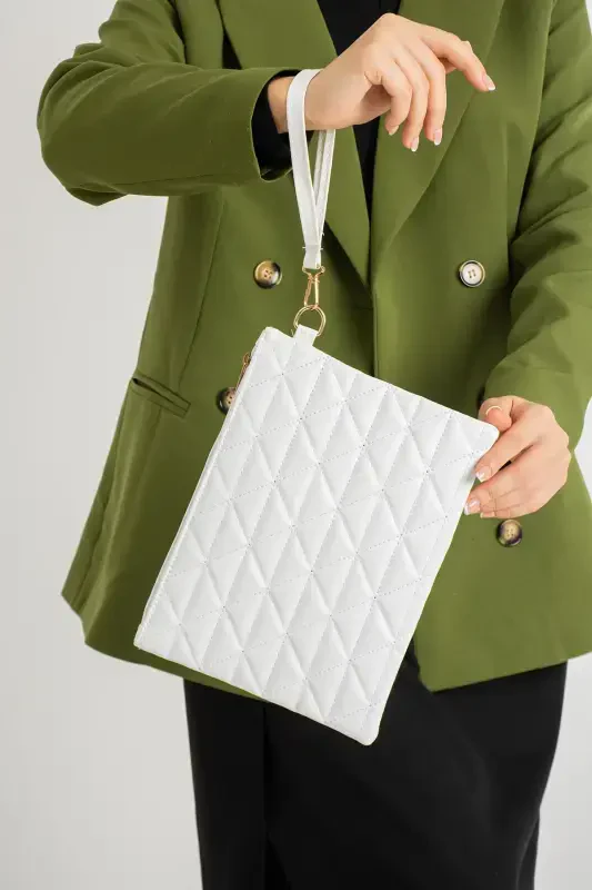 White Patterned Portfolio Clutch Bag 25x19 Cm-White - DEFNELLA