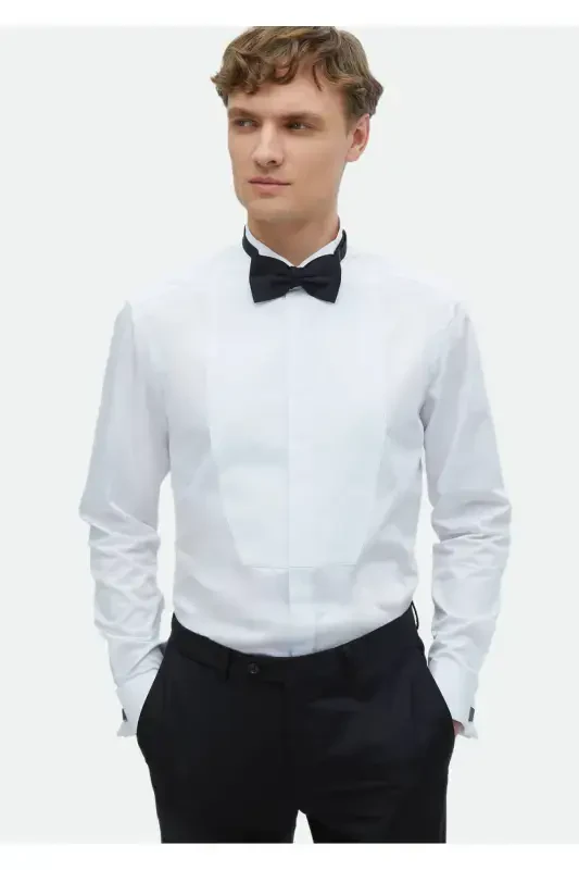 White Plain Regular Fit Double Cuff Tuxedo Shirt - 1
