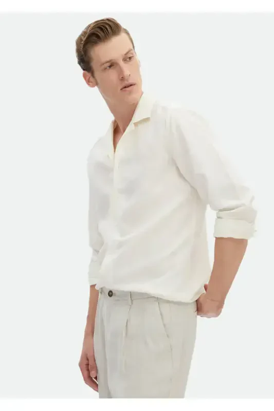White Plain Regular Fit Woven Casual Linen Blend Shirt - 4