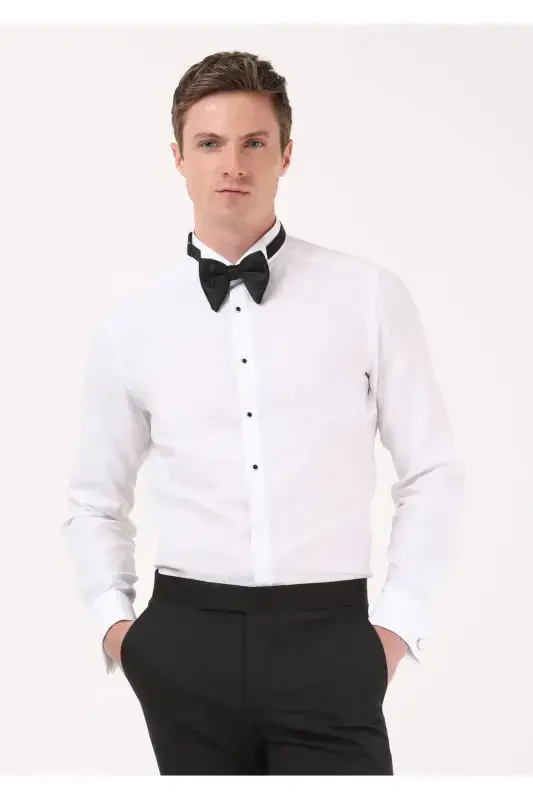 White Plain Slim Fit Double Cuff Tuxedo Shirt - 3
