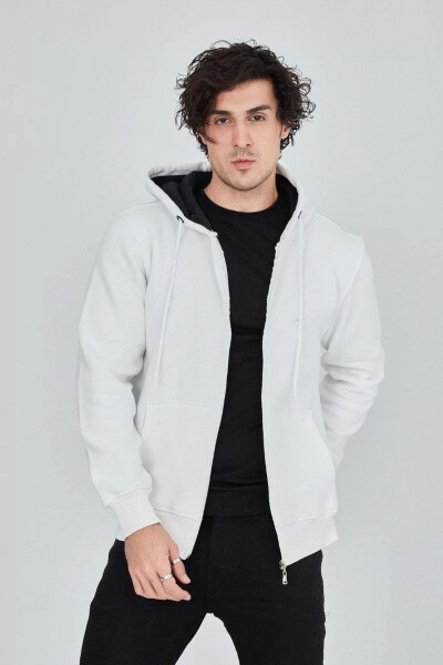 White, plain zipper, hooded men's cardigan. - 1