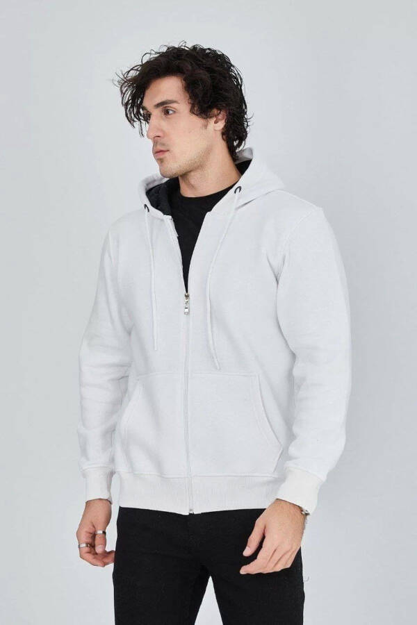 White, plain zipper, hooded men's cardigan. - 2