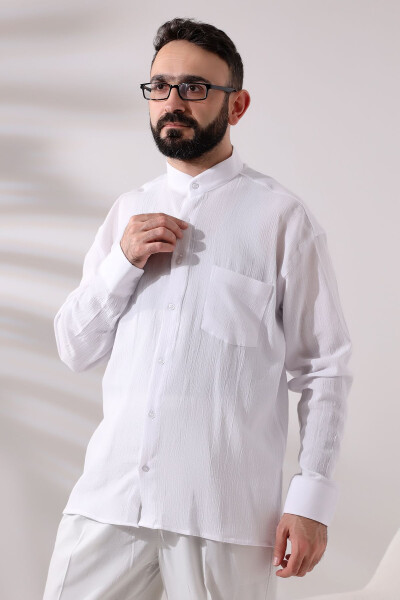 White Plane Tree Men's Relaxed Fit Stand Collar Chambray Hajj and Umrah Shirt - IHVAN ONLINE (1)