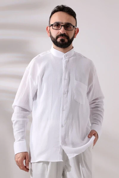 White Plane Tree Men's Relaxed Fit Stand Collar Chambray Hajj and Umrah Shirt - IHVAN ONLINE