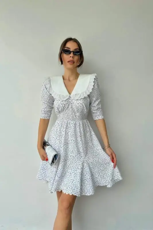 White Polka Dot Apron Collar Dress - BÜYÜKBEDENIZ