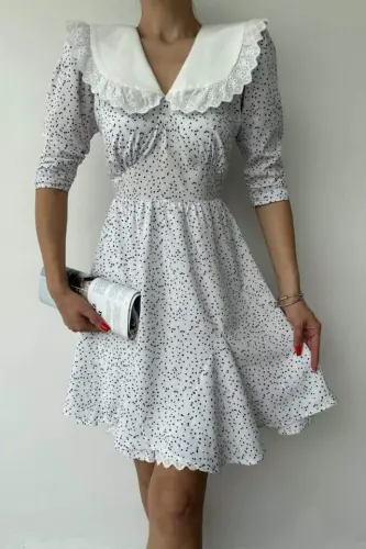 White Polka Dot Apron Collar Dress - 3