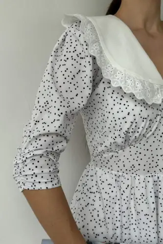 White Polka Dot Apron Collar Dress - 4