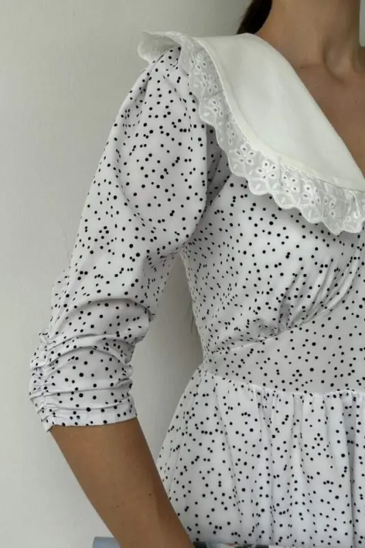 White Polka Dot Apron Collar Dress - 4