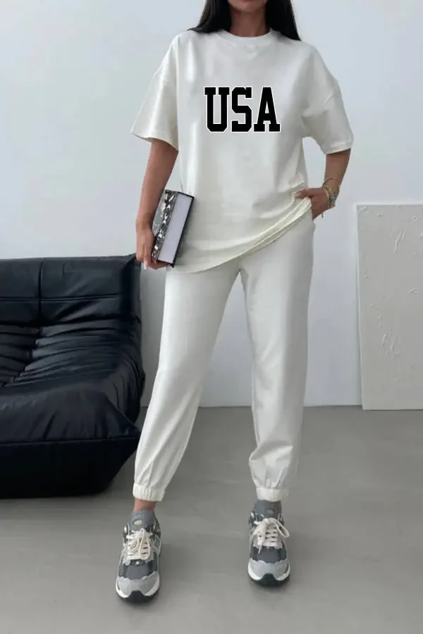 White printed, bike neck top and jogger bottom tracksuit. - 2