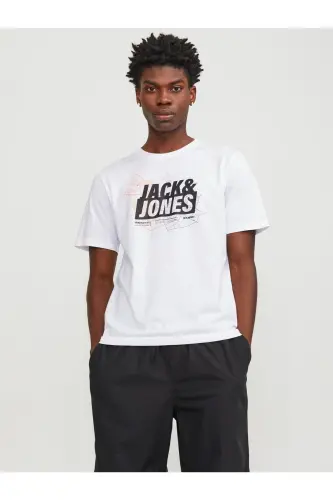 White printed men's bisiklet collar t-shirt - 4