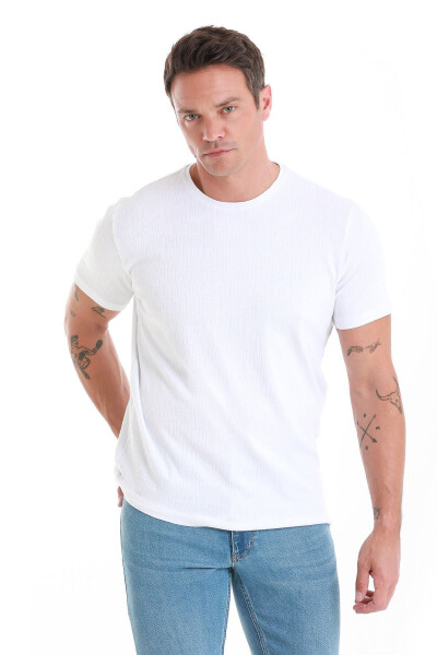 White Regular Fit Jacquard Crew Neck T-shirt-Bey - 1