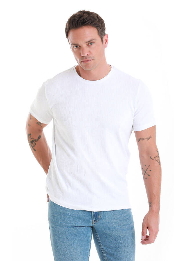 White Regular Fit Jacquard Crew Neck T-shirt-Bey - 1