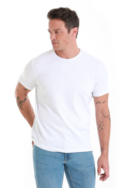 White Regular Fit Jacquard Crew Neck T-shirt-Bey - 3