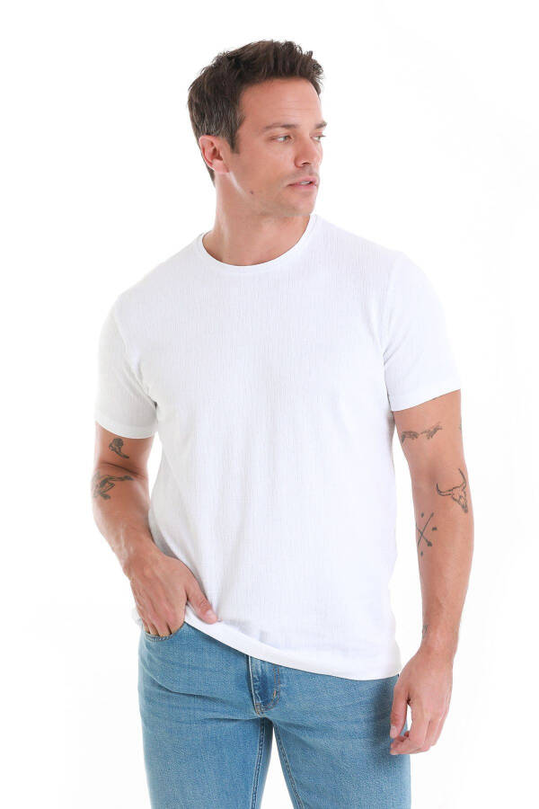 White Regular Fit Jacquard Crew Neck T-shirt-Bey - 4
